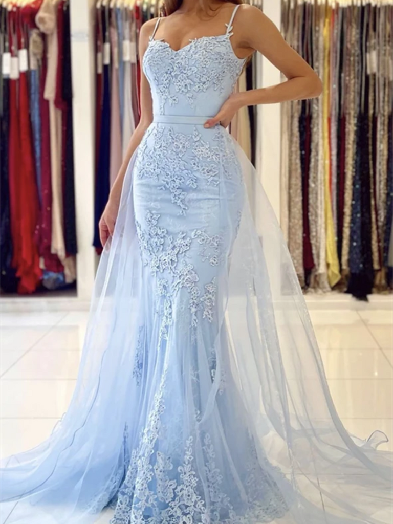 Mermaid BLue Lace Long Prom Dresses ...